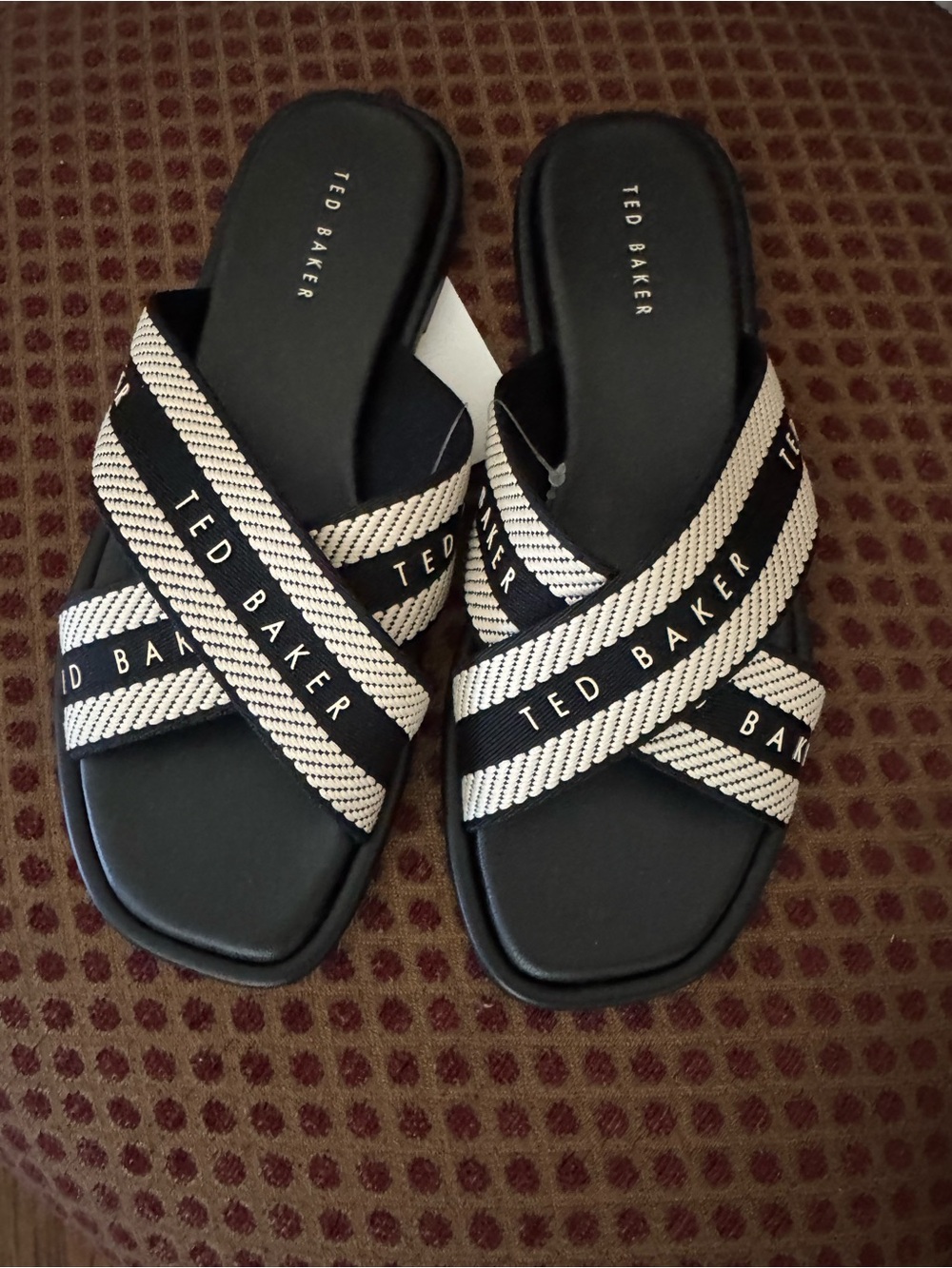 Ted Baker Black and Cream Cross-Strap Slide Sandals